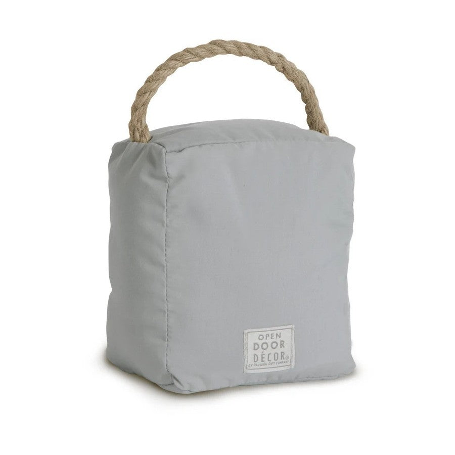 Gray doorstop with a rope handle.