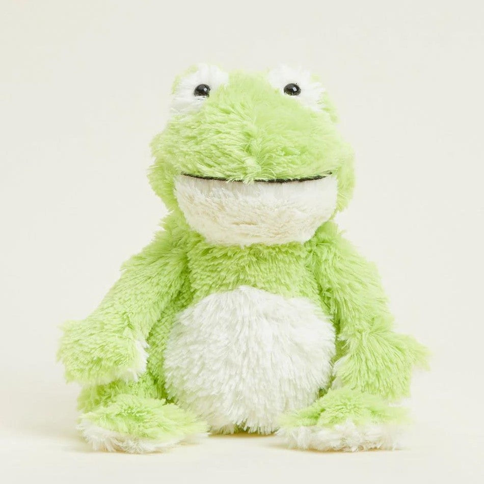 Soft green frog plush toy with white belly.