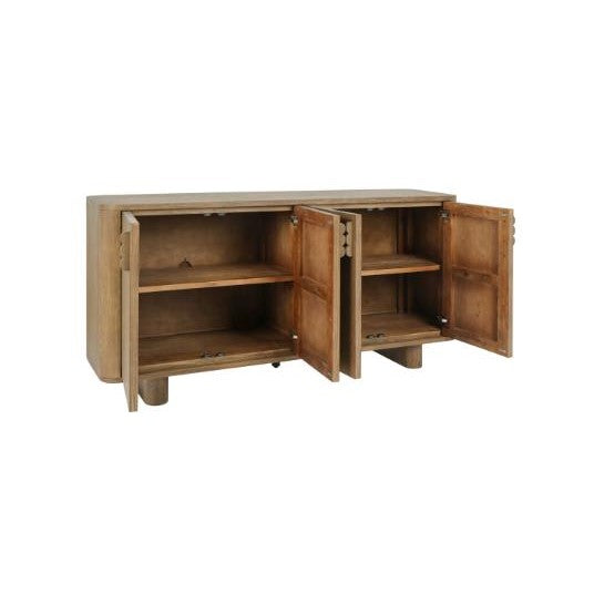 Side view of a wooden cabinet with a curved design.