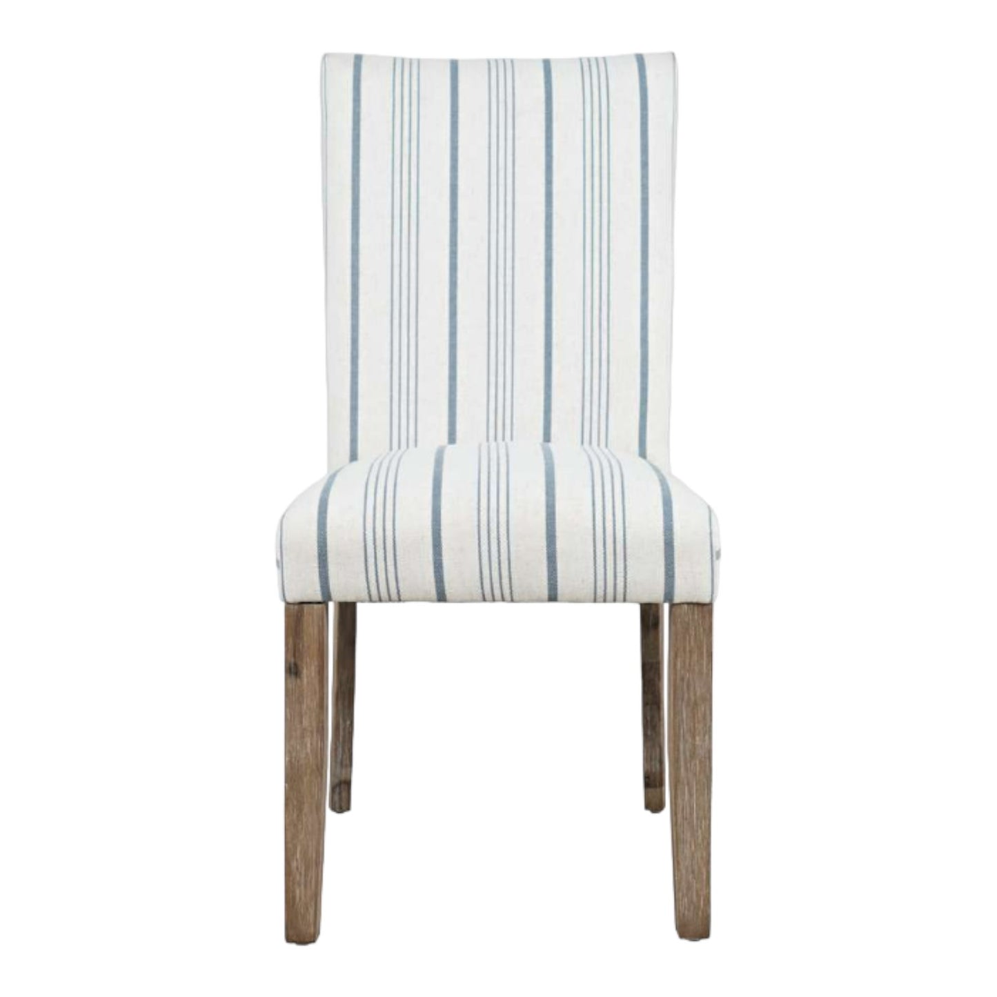 Striped fabric chair with wooden legs.