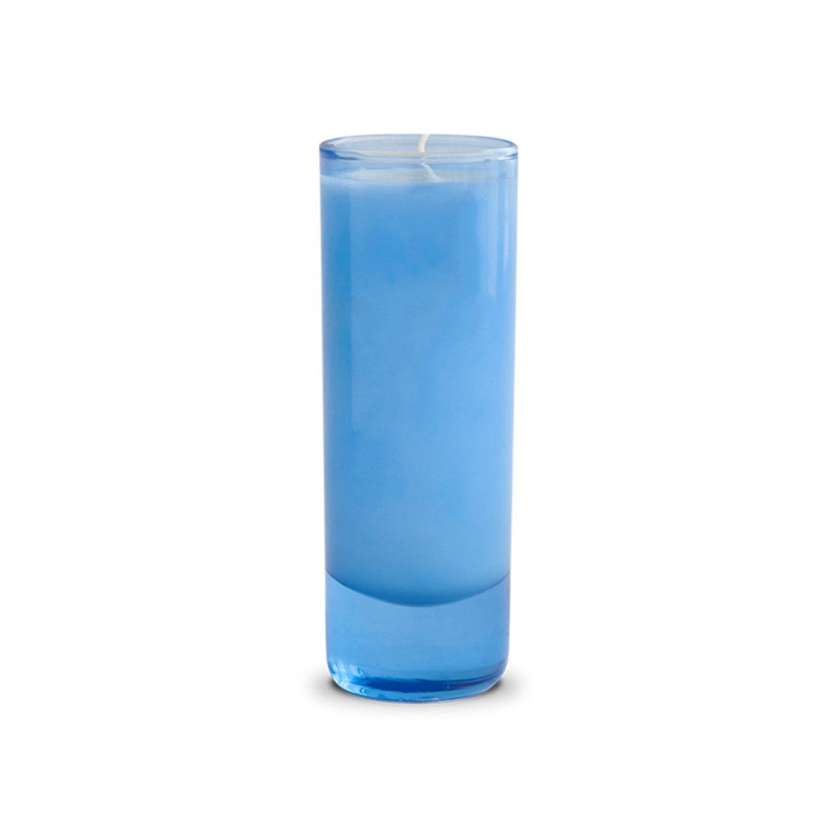 Tall, unlit blue candle in a glass holder.