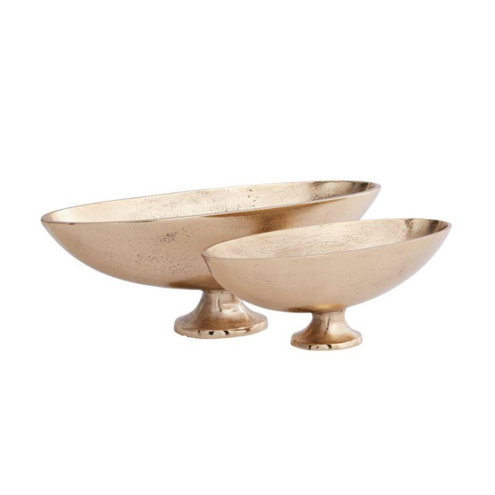 Two elegant, oval gold bowls with pedestal bases.