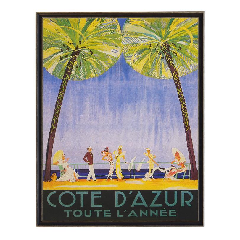 Vintage Côte d'Azur poster with palm trees and beach scene.