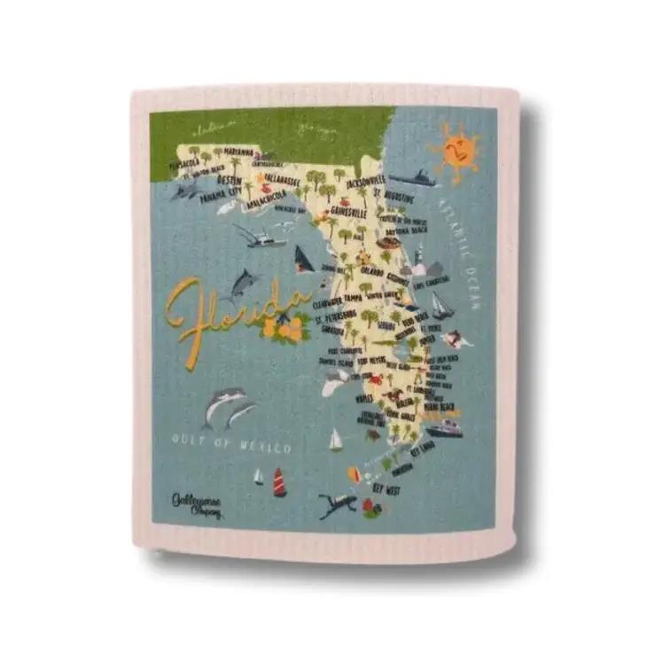 Illustrated map of Florida with landmarks and ocean motifs.