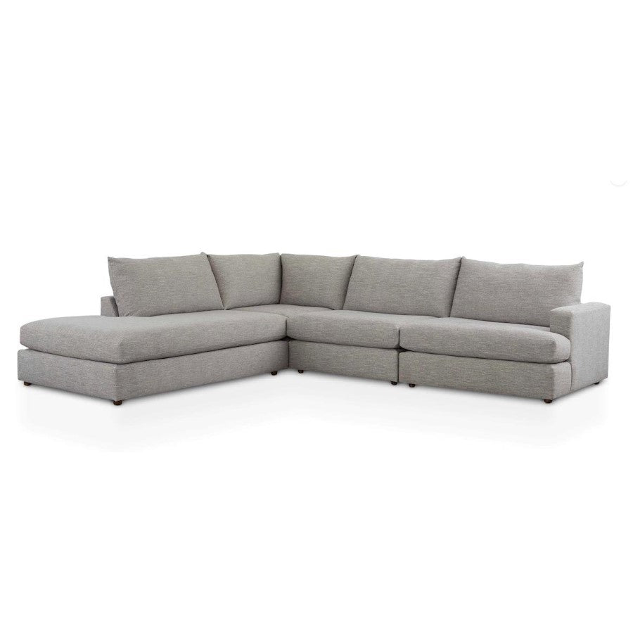 Gray sectional sofa with chaise, modern and spacious.