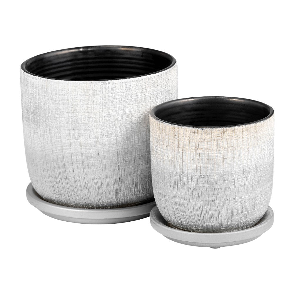 Two textured gray planters on matching saucers.