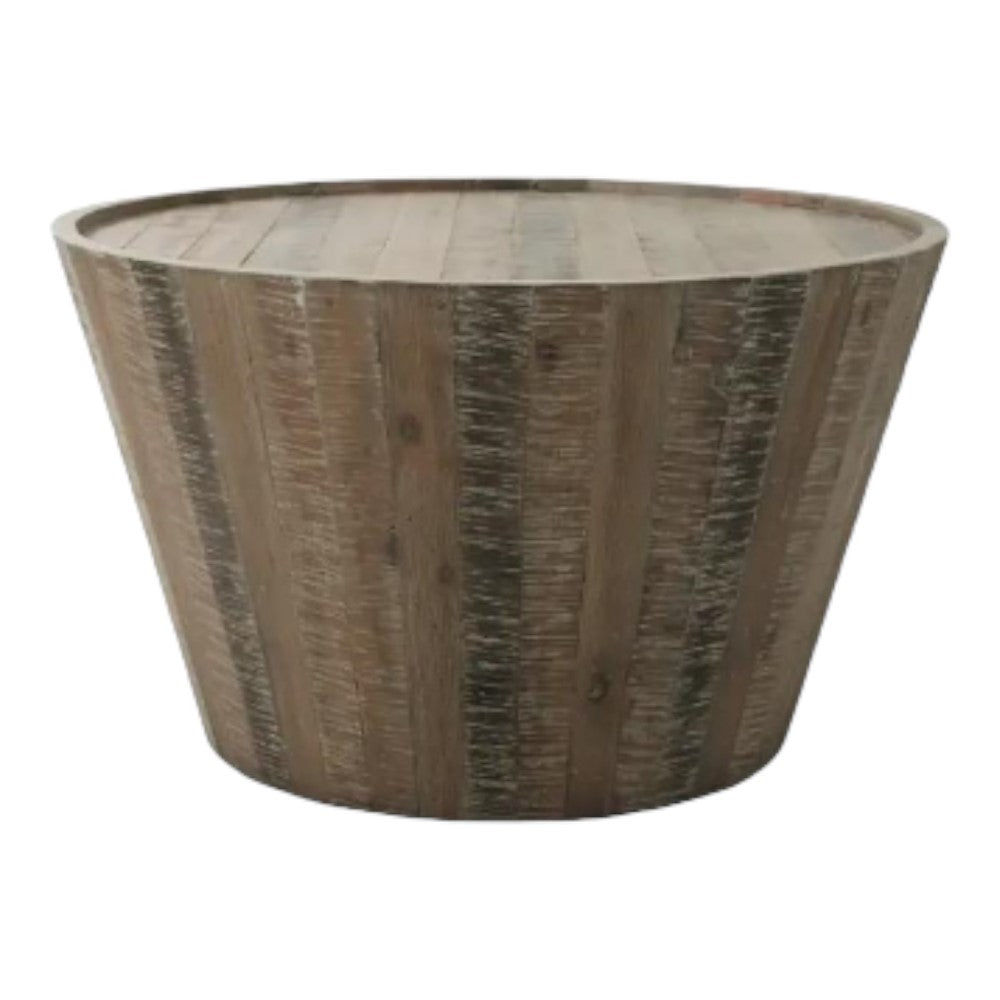 Round wooden coffee table with a rustic finish.
