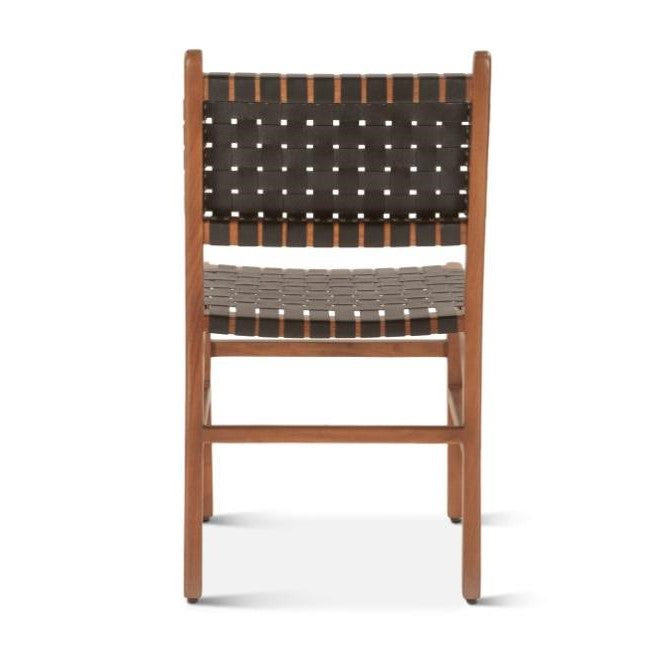 Wooden chair with woven black leather straps.