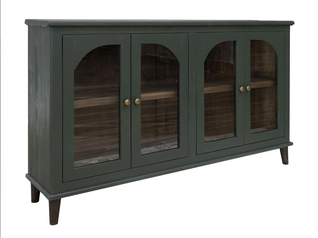 Green wooden cabinet with glass doors and shelves.
