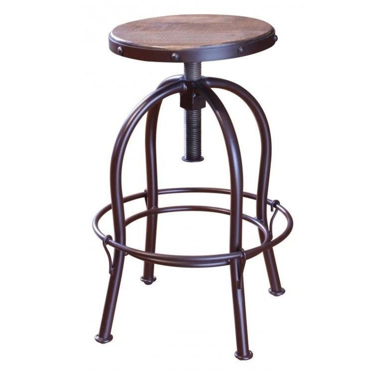 Industrial-style stool with metal base and wooden seat.