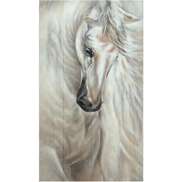 Painting of a graceful white horse with flowing mane.