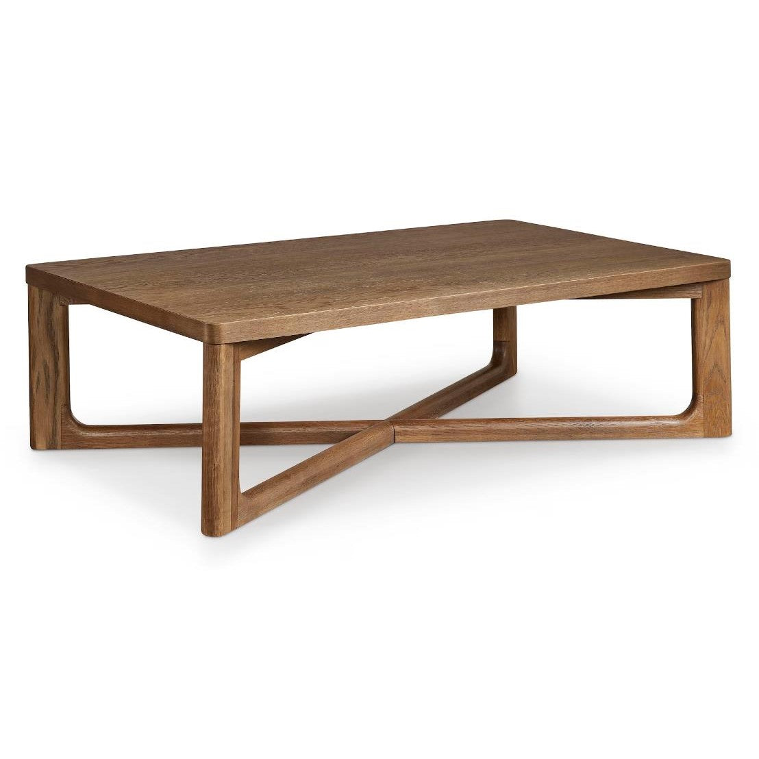 Modern wooden coffee table with geometric legs.