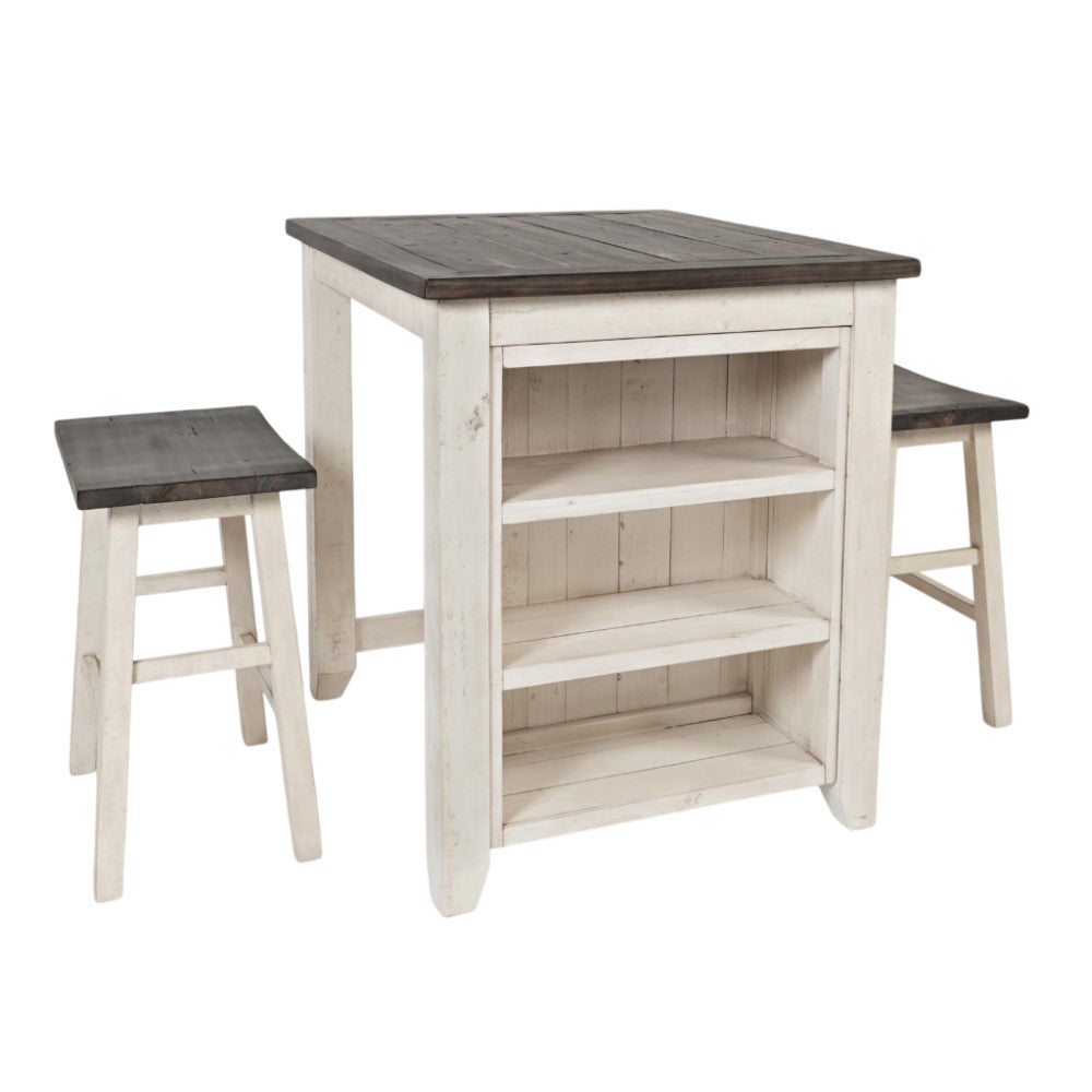 Rustic kitchen island with stools and built-in shelves.