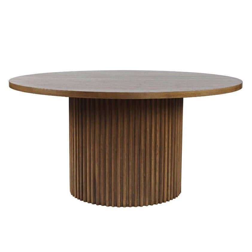 Round wooden table with a ribbed cylindrical base.