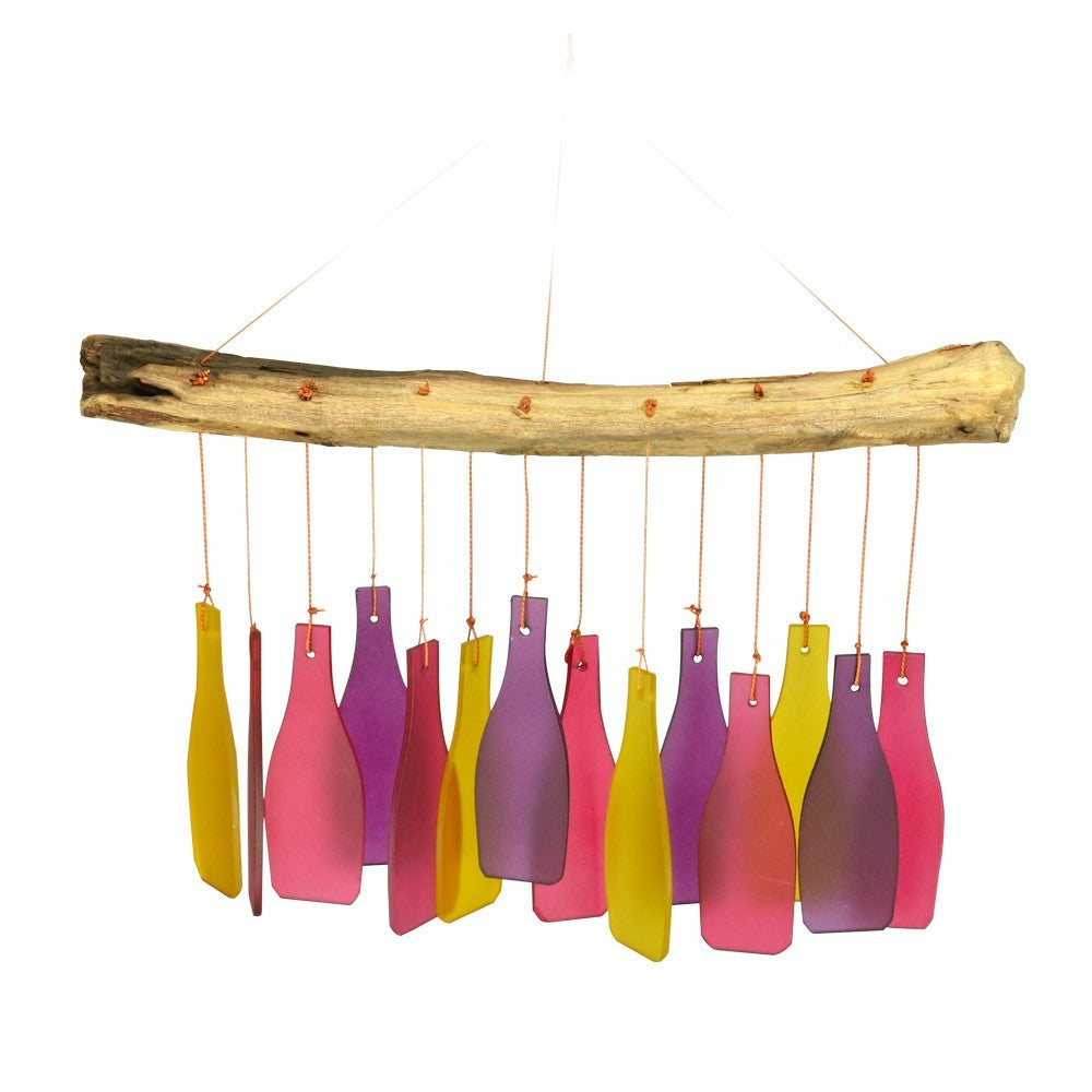 Colorful wind chime with driftwood and bottle-shaped pendants.