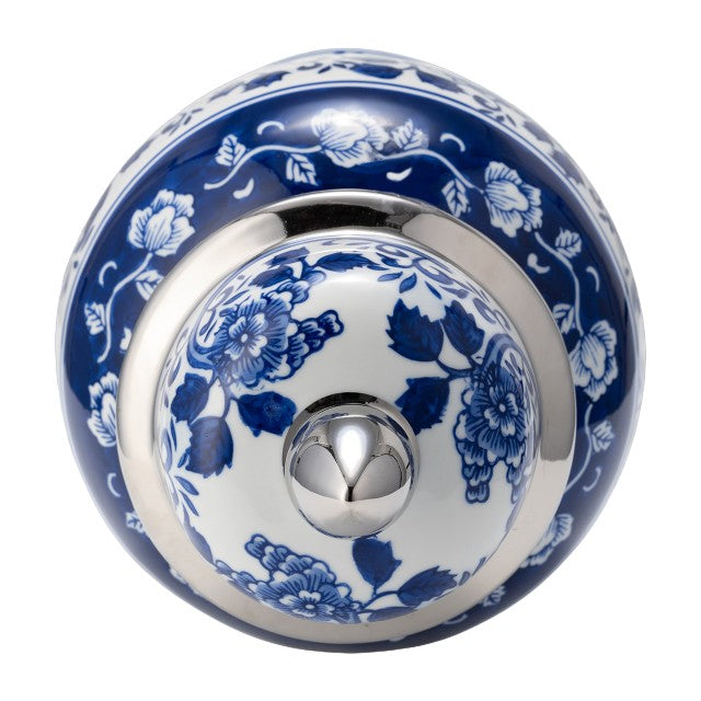 Top view of a decorative blue and white floral ceramic jar.