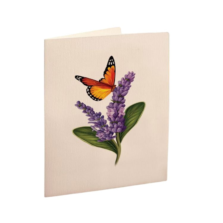 Card with orange butterfly and purple flowers design.
