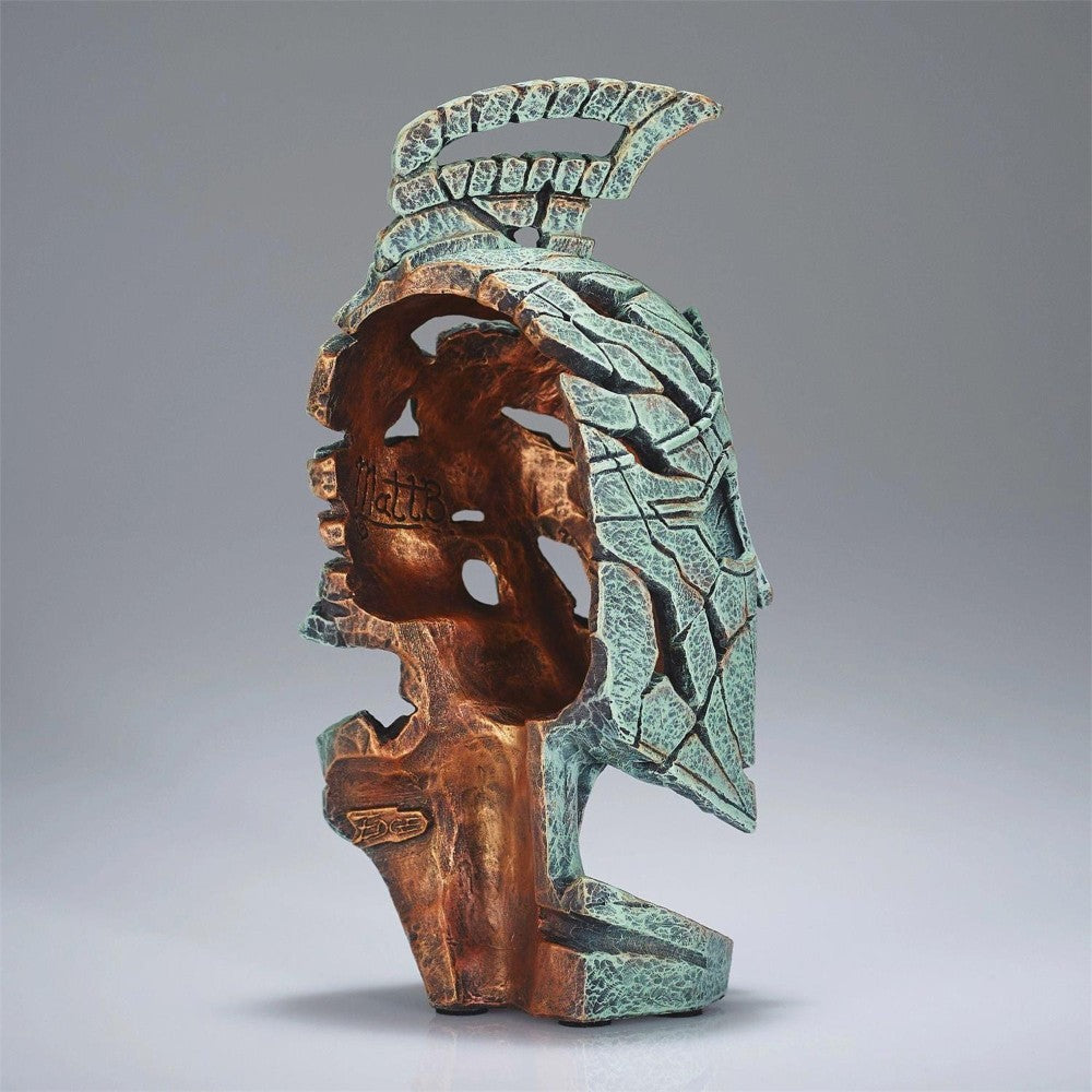 Intricate bronze and turquoise Spartan warrior sculpture.