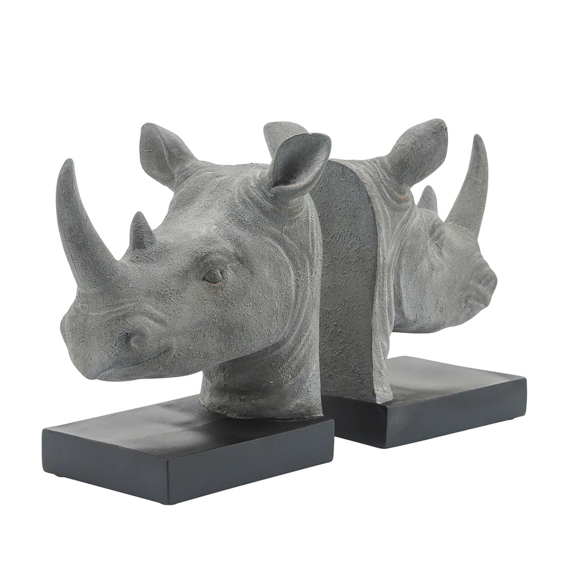 Two rhino head bookends on a black base.