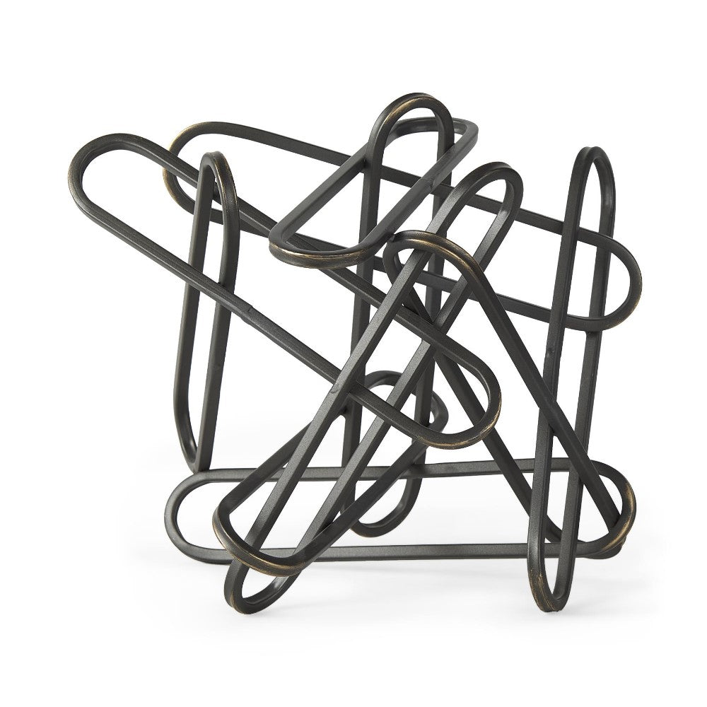 Abstract metal sculpture with intertwined loops.