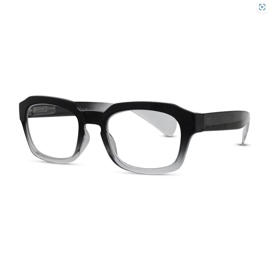 Black-to-clear gradient rectangular glasses on a white background.