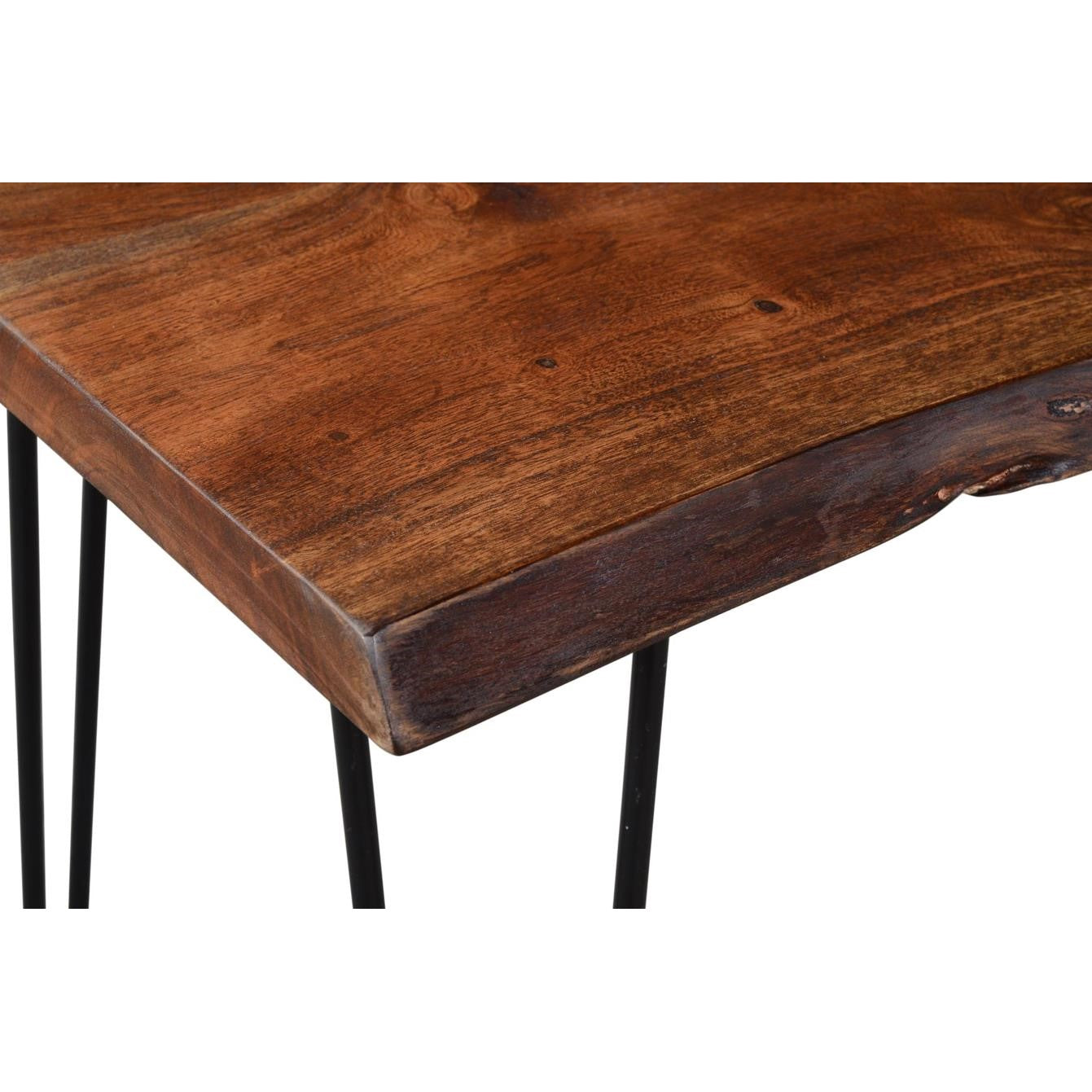 Wooden table with live edge top and metal hairpin legs.
