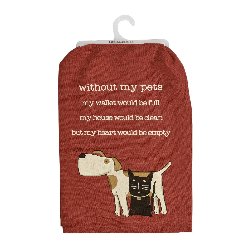 Tea towel with pets quote and dog, cat illustration.