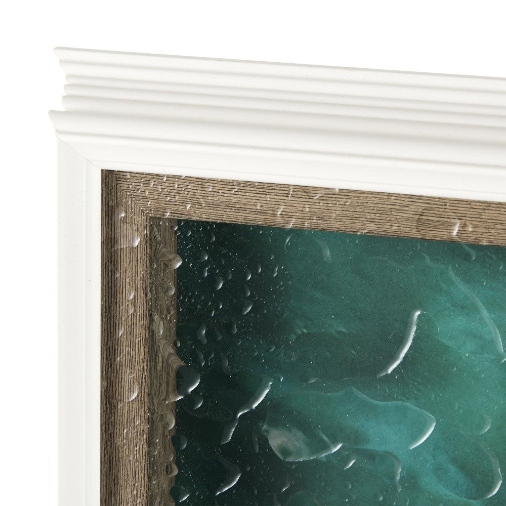 White frame, textured wood detail, glass with water droplets.