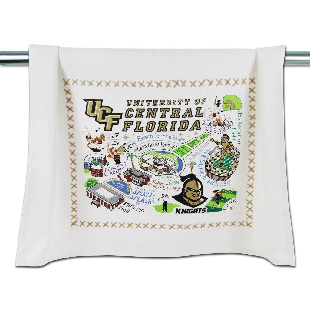 Towel with University of Central Florida design and colorful illustrations.