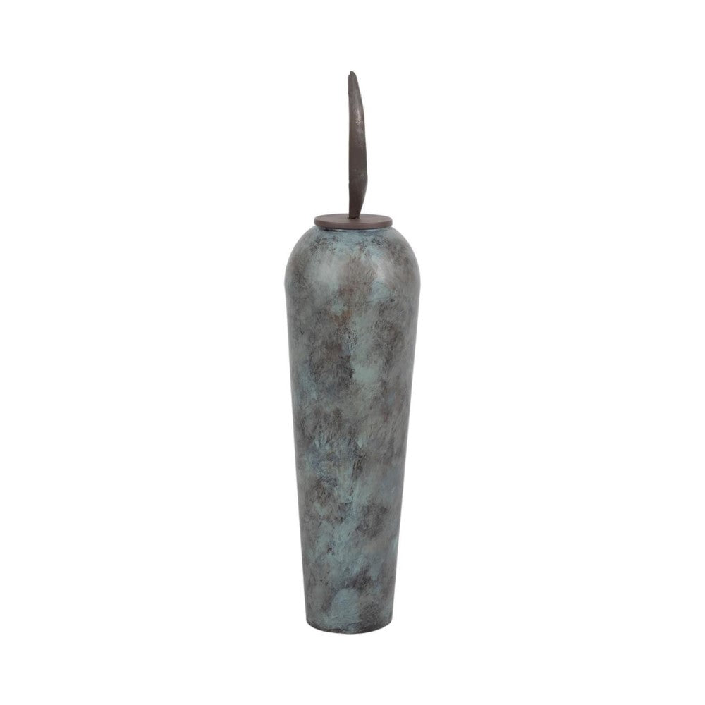 Tall, textured blue-green vase with a thin metallic handle.