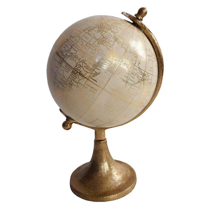 Vintage-style globe with gold stand.