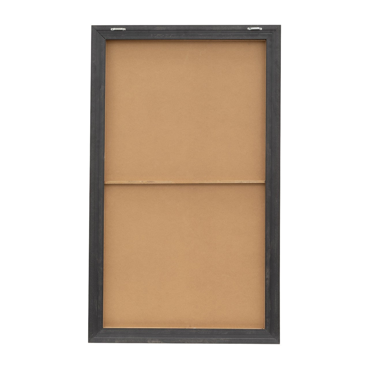 Back of a rectangular framed picture with a wooden border.