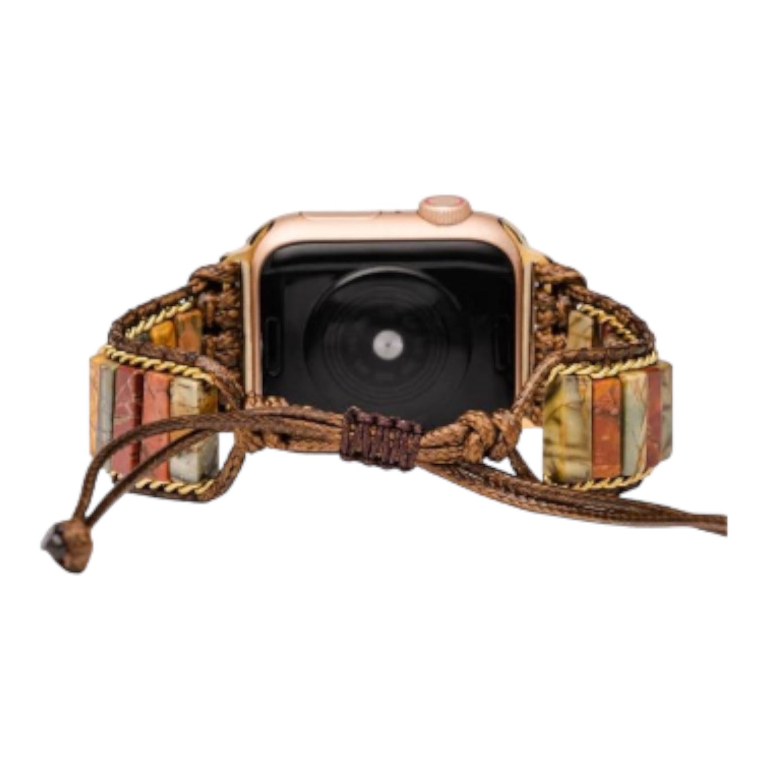 Smartwatch with intricate beaded bracelet, earthy tones.