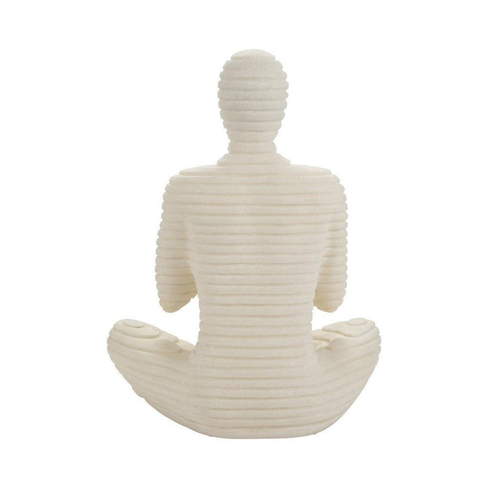 Sculpture of a seated, ribbed human form from the back.