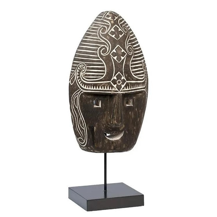 Decorative tribal mask on stand with intricate patterns.