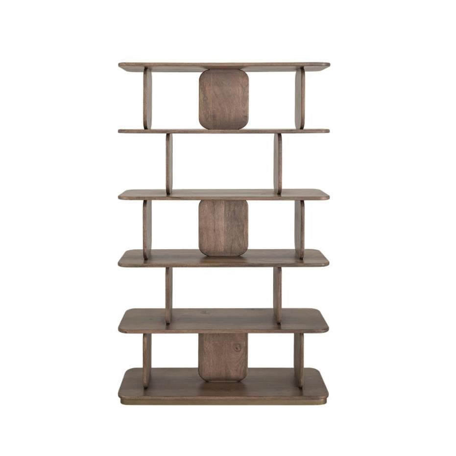 Modern wooden bookshelf with five staggered shelves.