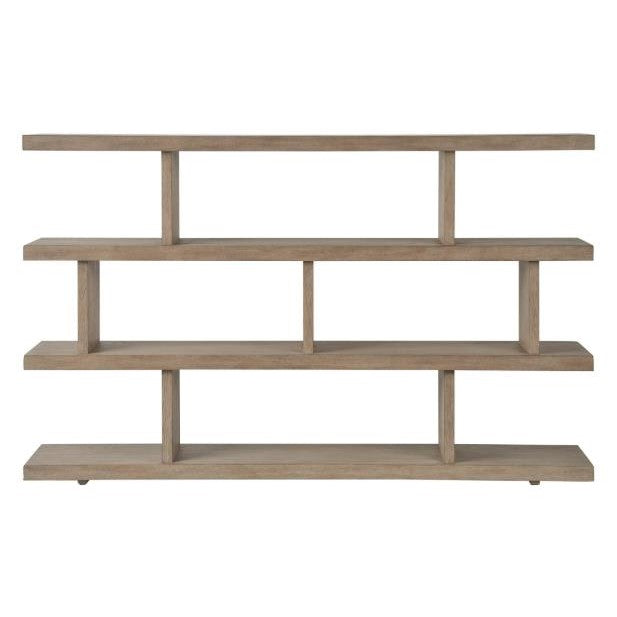 A minimalist wooden shelving unit with three tiers and open geometric compartments.