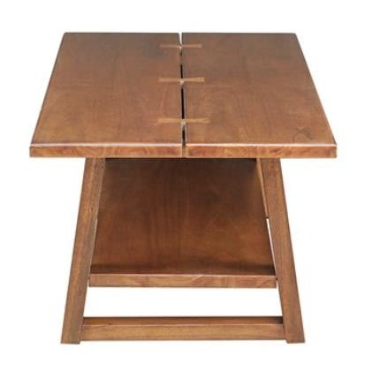 A wooden table with a modern design and a split tabletop.