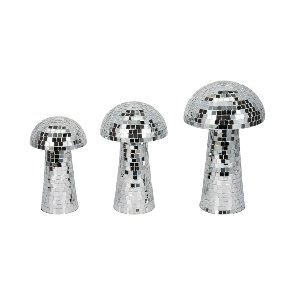 Three disco ball mushrooms in varying sizes.