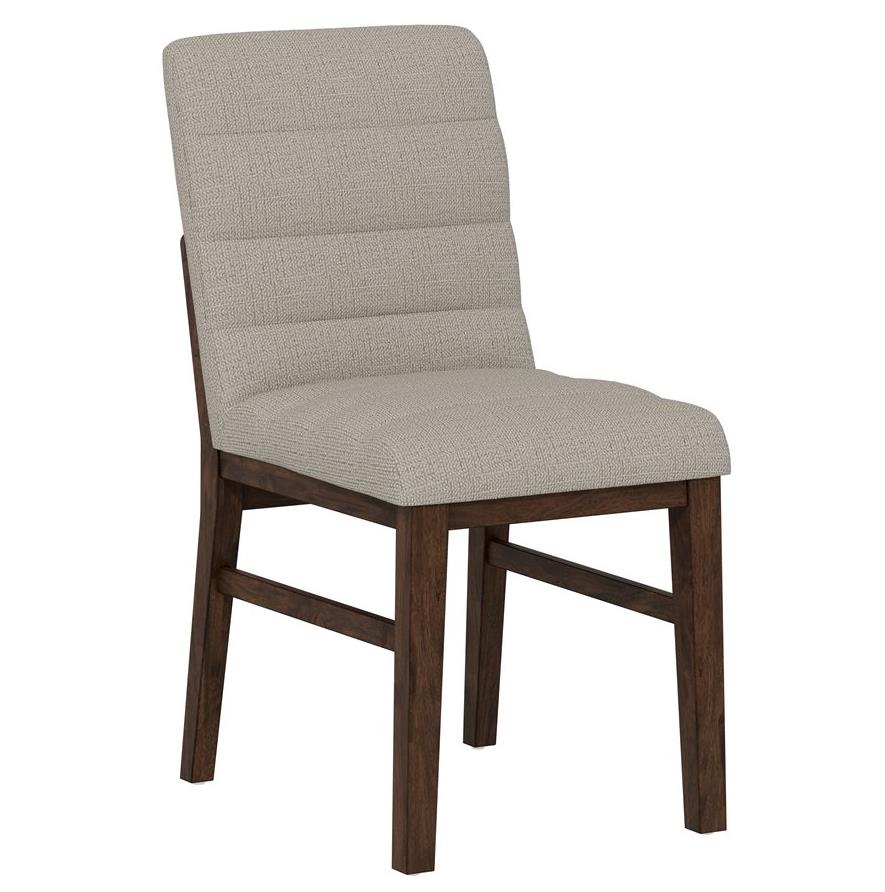 Upholstered chair with wooden legs and a sleek, modern design.