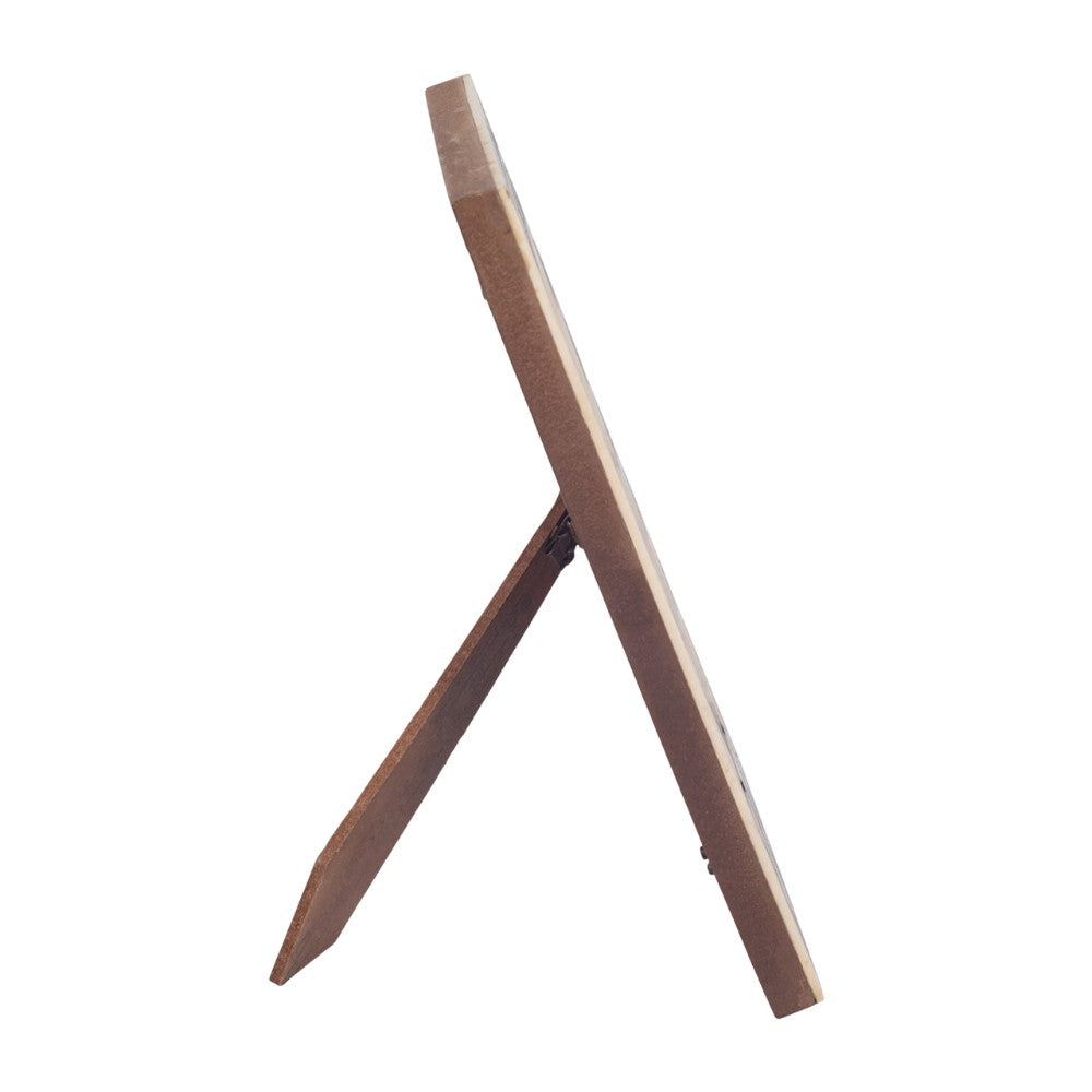Side view of a standing picture frame with a wooden support.