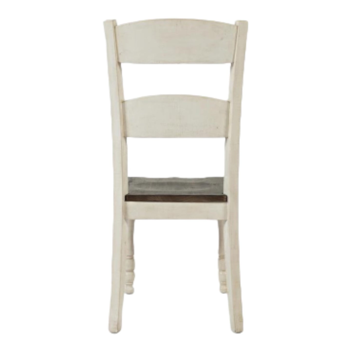 Wooden chair with a cream finish and a dark seat, viewed from the back.
