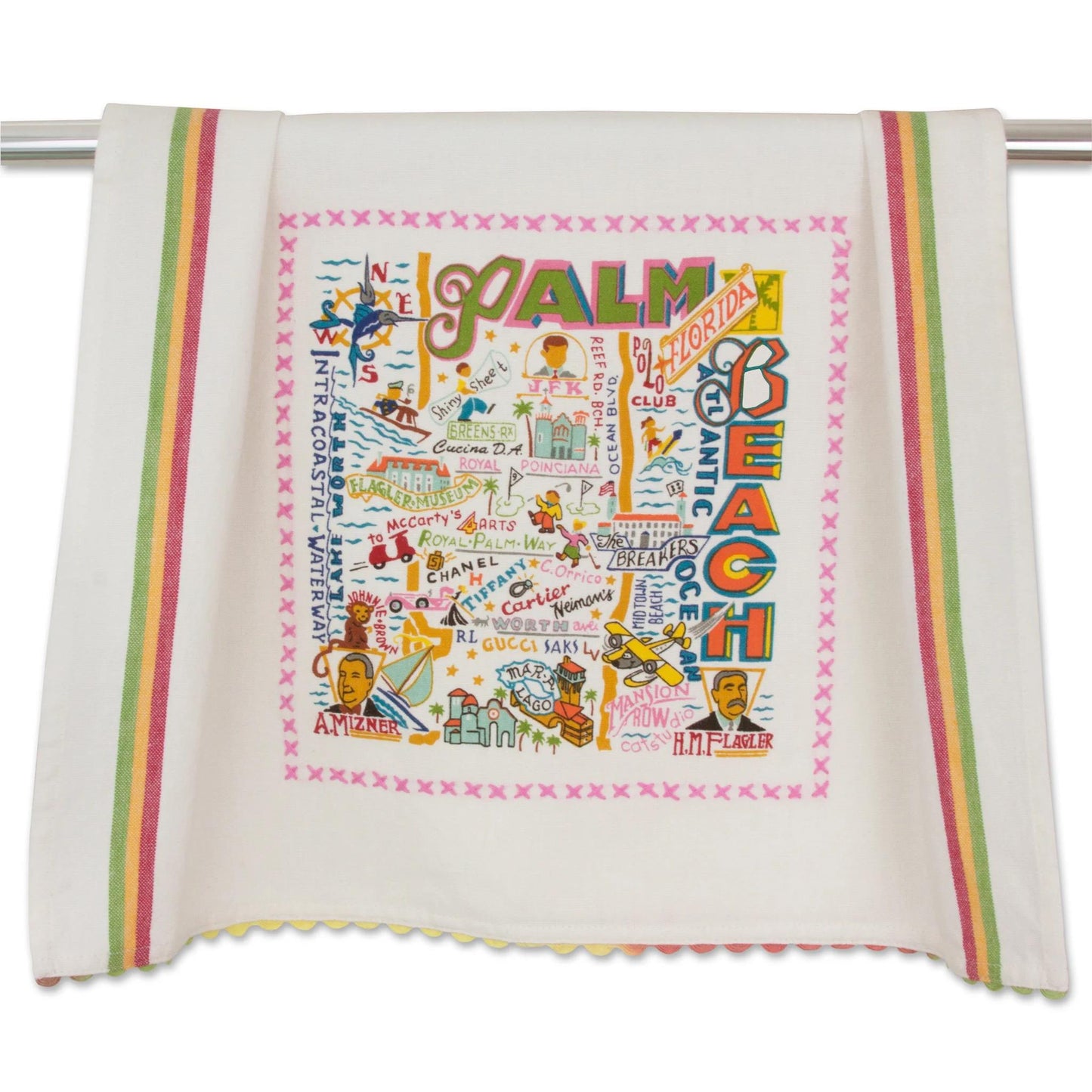 Colorful Palm Beach map design on a decorative towel with stripes.