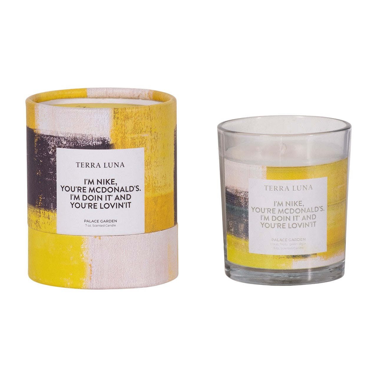 Yellow-sleeved candle with quirky text label, "I'm Nike, You're McDonald's."