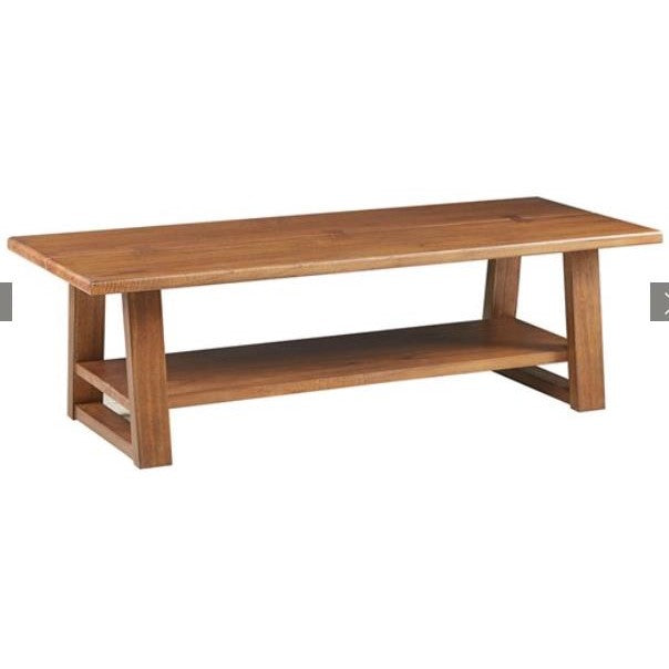 Wooden coffee table with a lower shelf and simple, modern design.