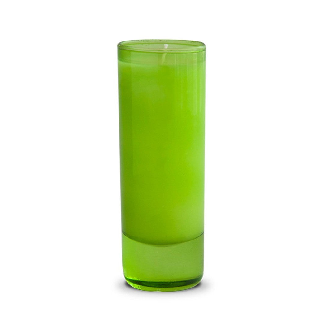 Tall green candle in a glass container.
