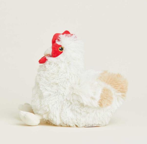 Fluffy white chicken plush toy with red comb.