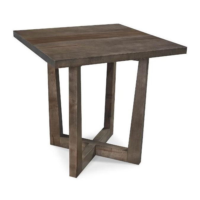 Square wooden table with a modern, intersecting base design.