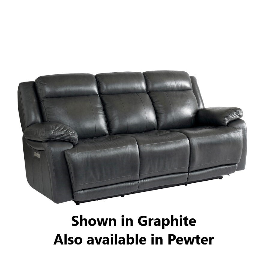 Graphite leather sofa with plush cushions and armrests; also in Pewter.