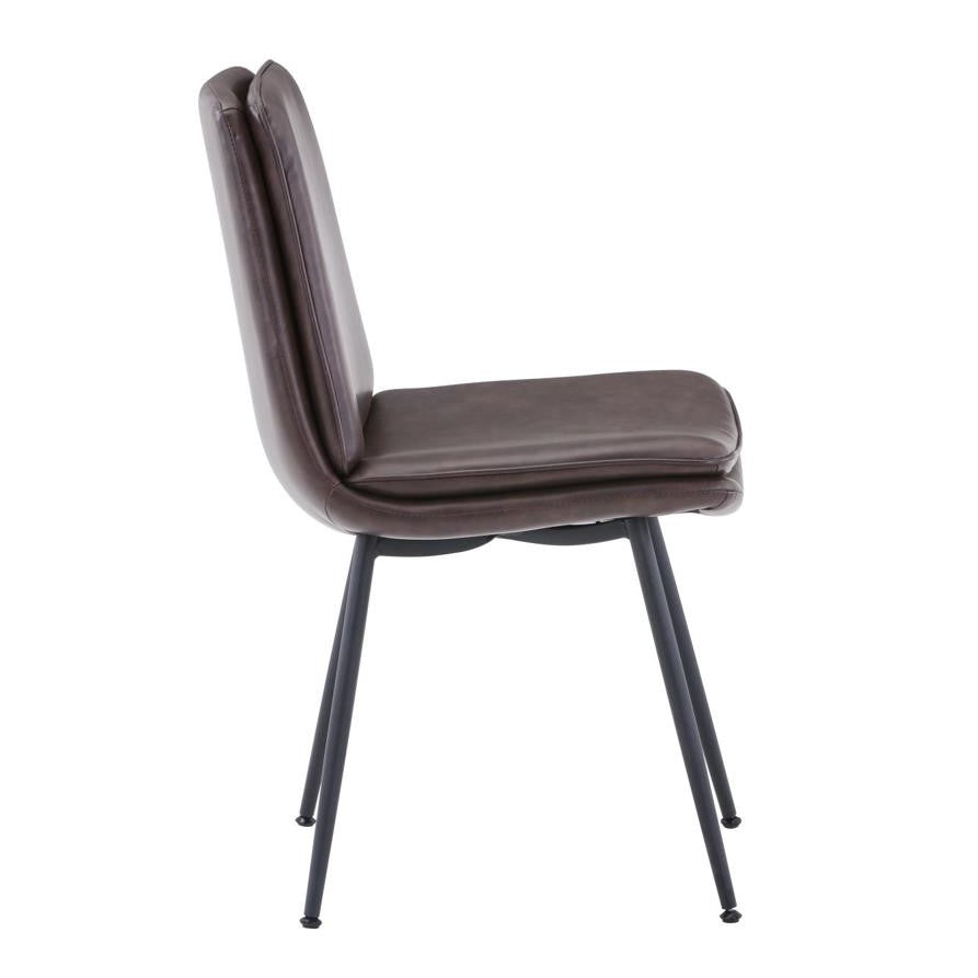 Brown leather chair with metal legs, side view.
